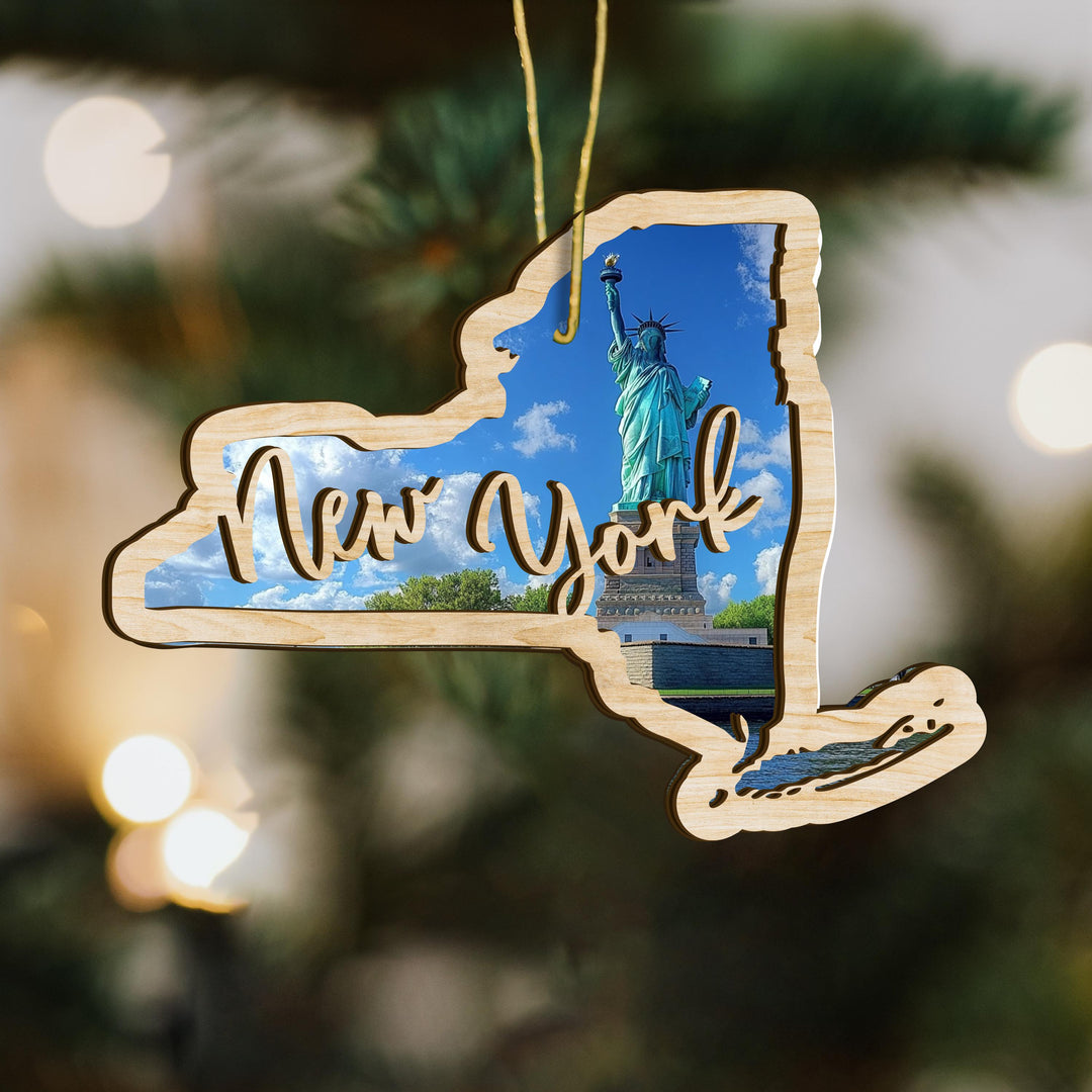 New York state wood ornament close up