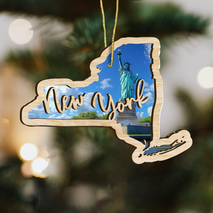 New York state wood ornament close up