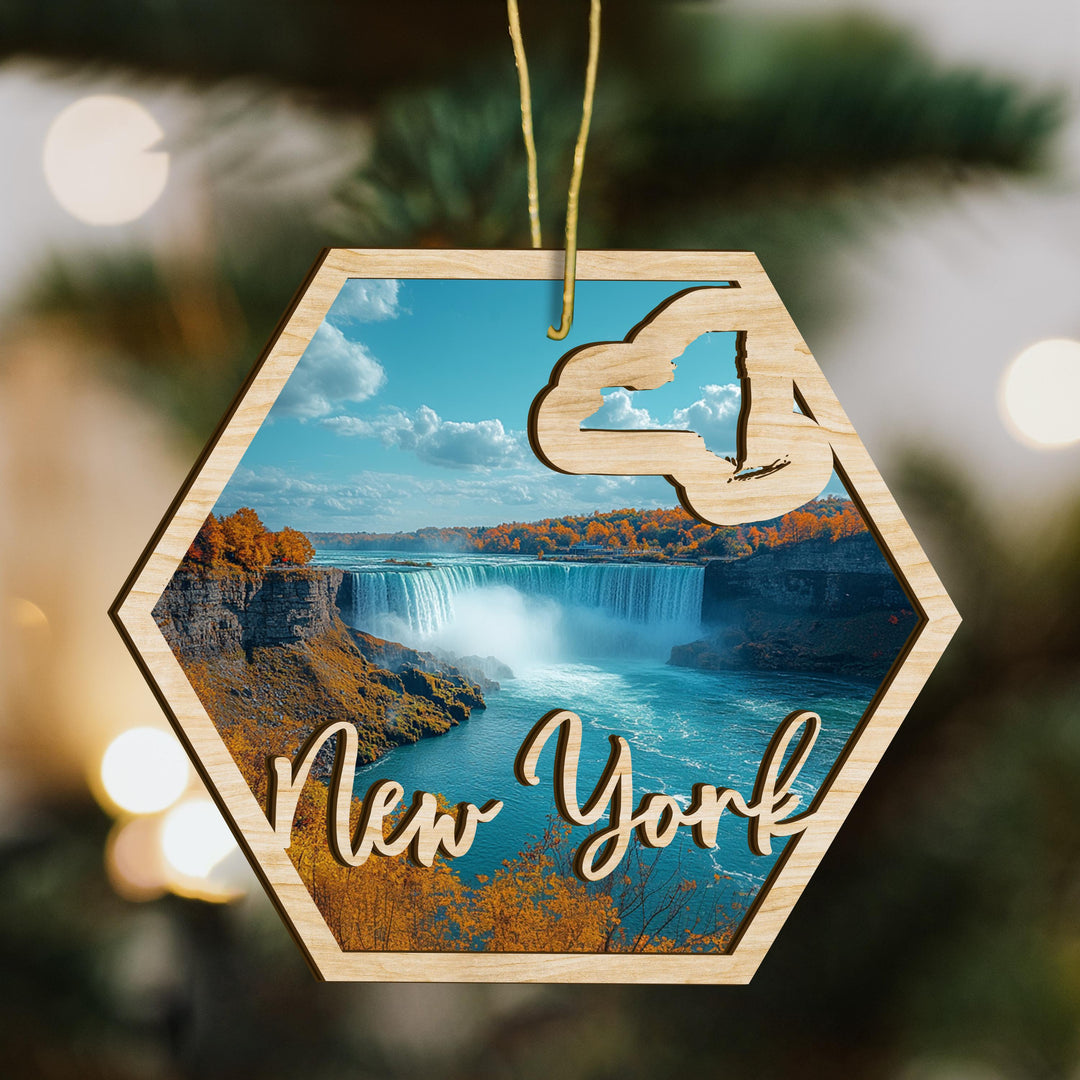 New York state wood ornament scene detail