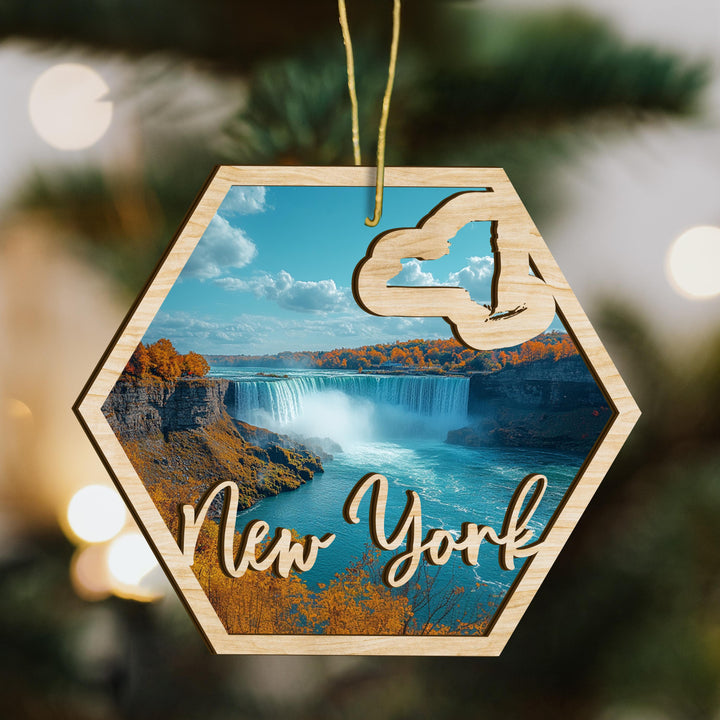 New York state wood ornament scene detail