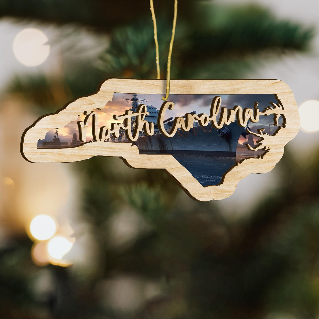 North Carolina state wood ornament close up