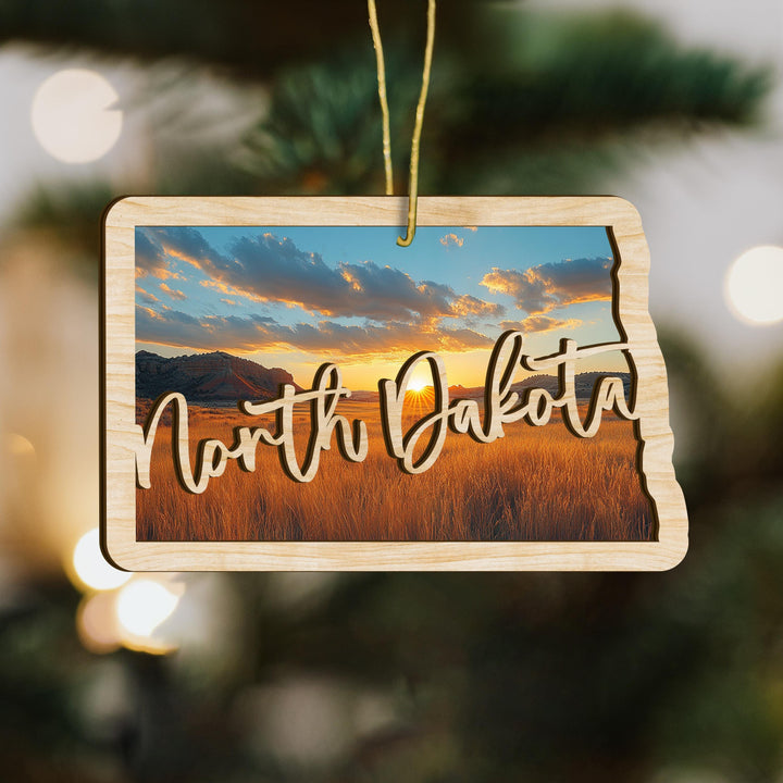 North Dakota state wood ornament close up