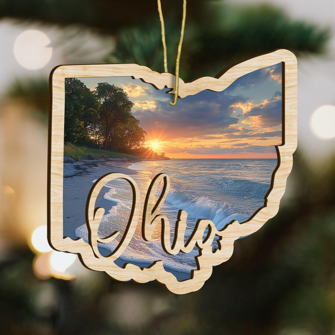 Ohio state wood ornament close up