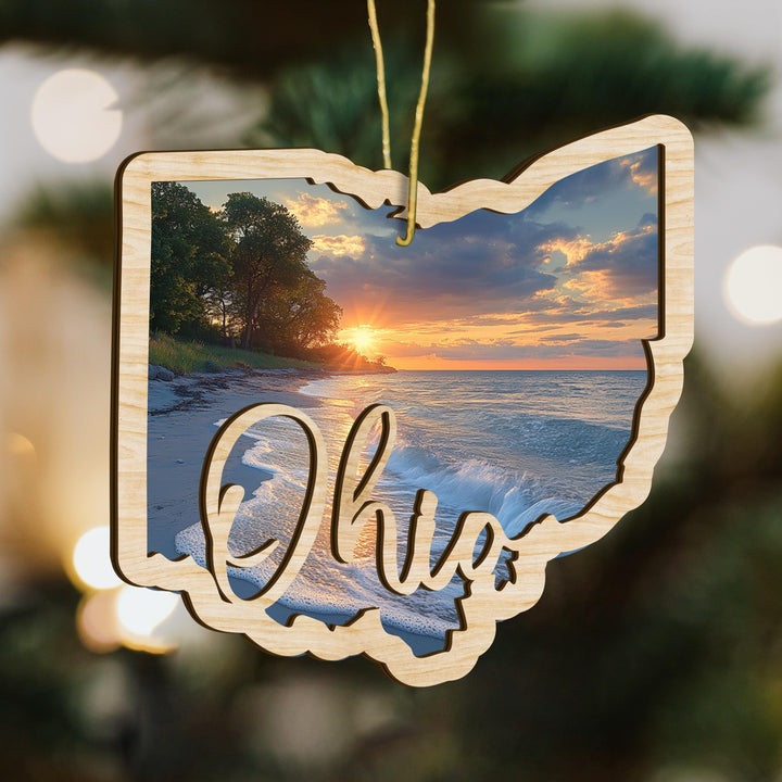 Ohio state wood ornament close up