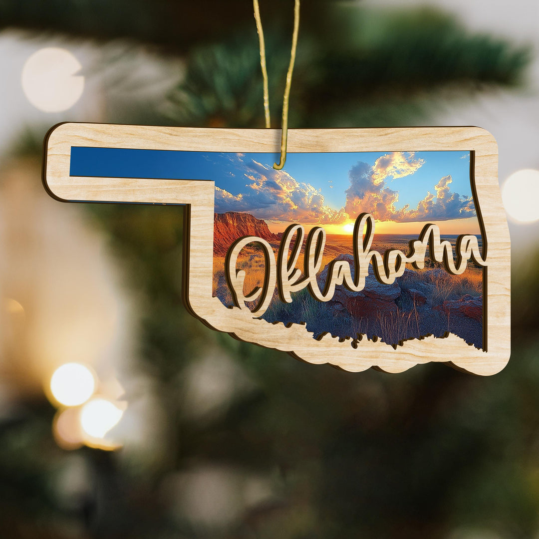 Oklahoma state wood ornament close up