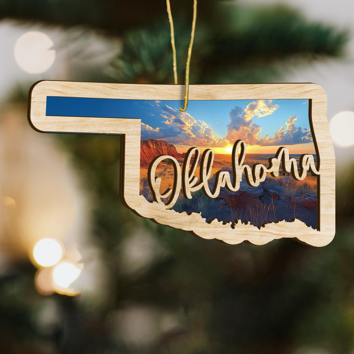 Oklahoma state wood ornament close up