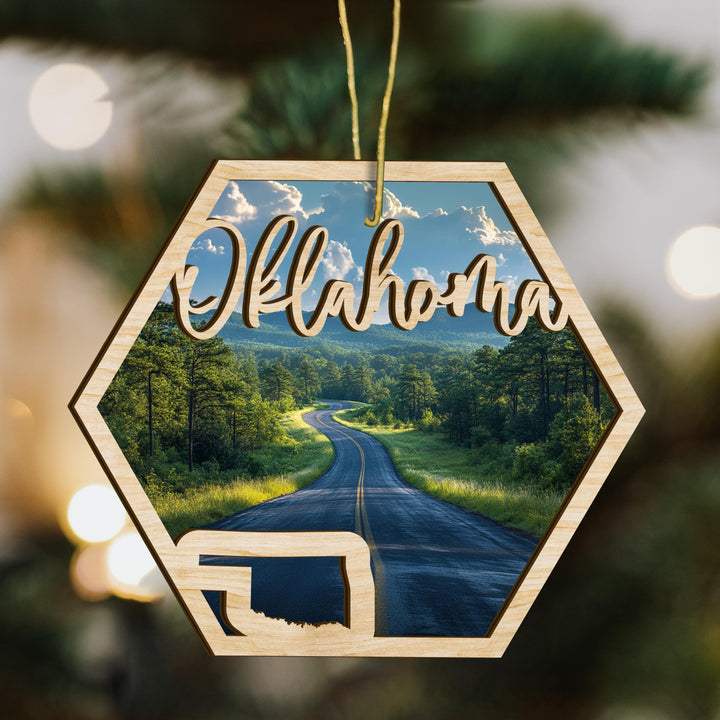 Oklahoma state wood ornament scene detail