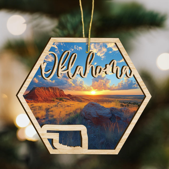 Oklahoma state wood ornament scene detail