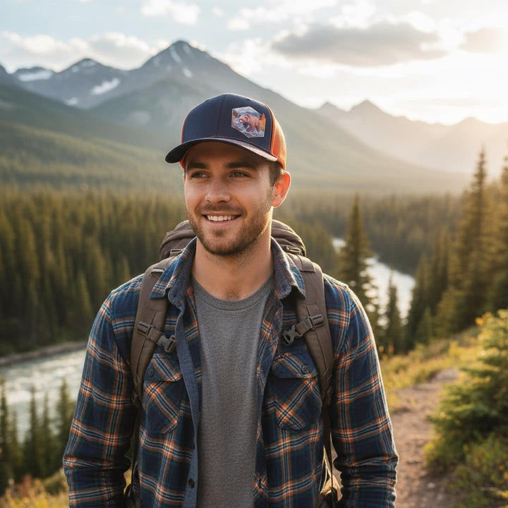 Man on a mountain trail wearing the navy and orange wildlife bear trucker cap.