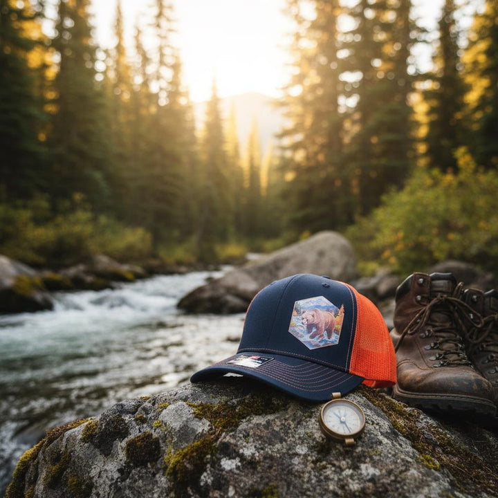 Bear patch cap on a mossy rock beside a stream, hiking boots and a compass alongside.