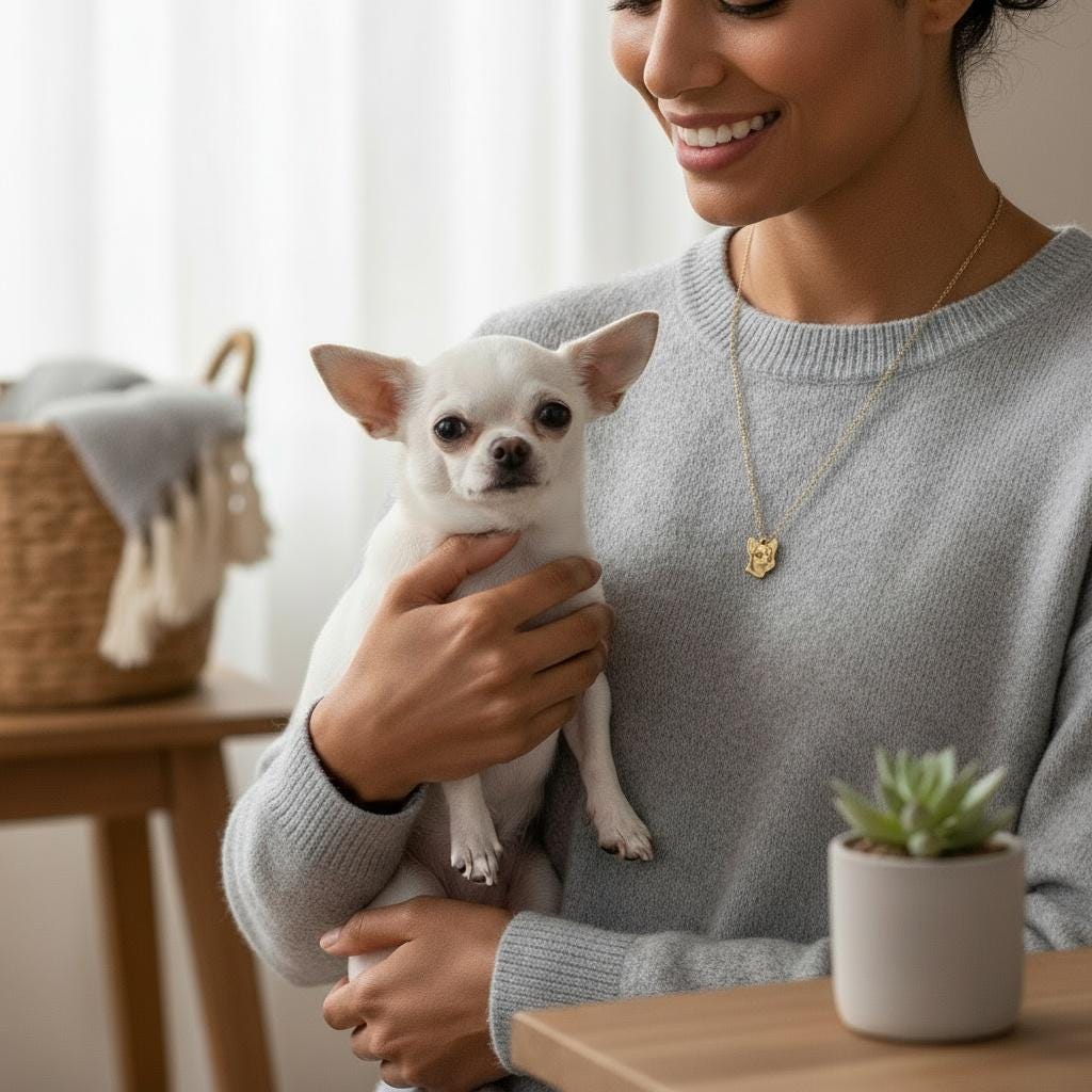 Woman in a grey sweater holding a white Chihuahua and wearing the gold pendant necklace.