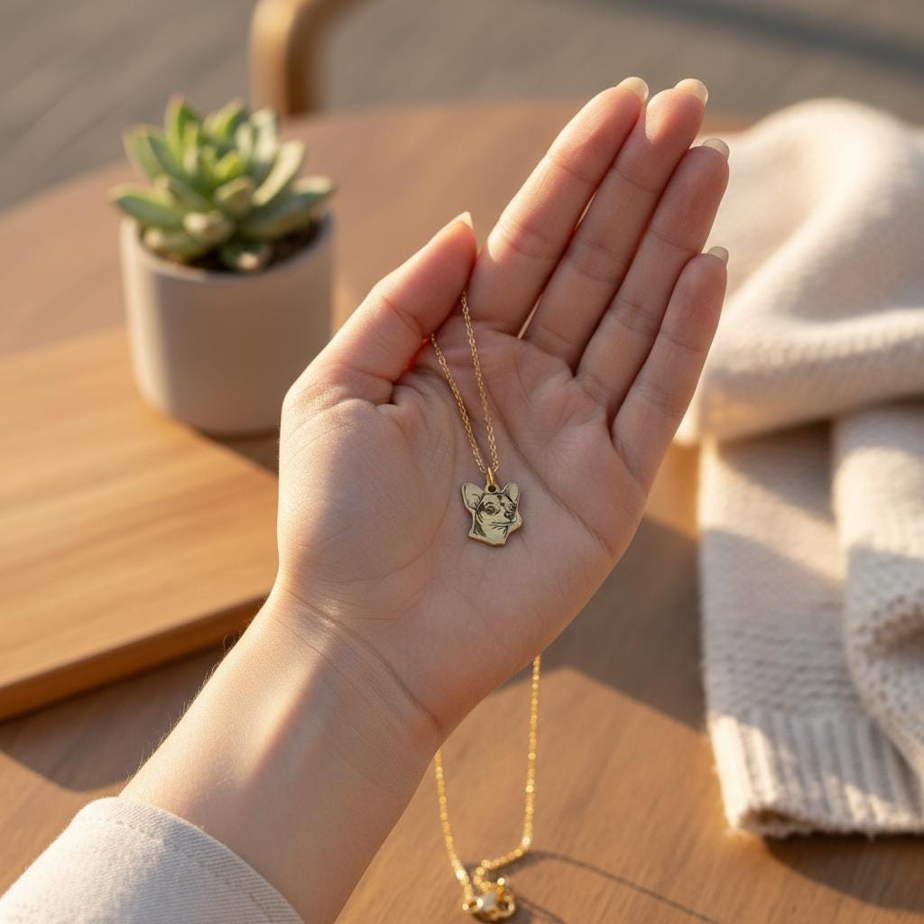 Open palm holding the Chihuahua pendant and chain above a wood table with a succulent.