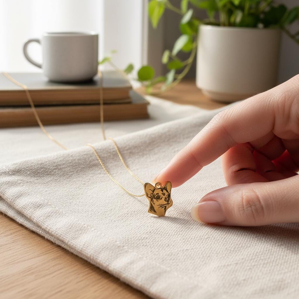 Chihuahua head pendant lying on cream linen with a fingertip beside it for scale.