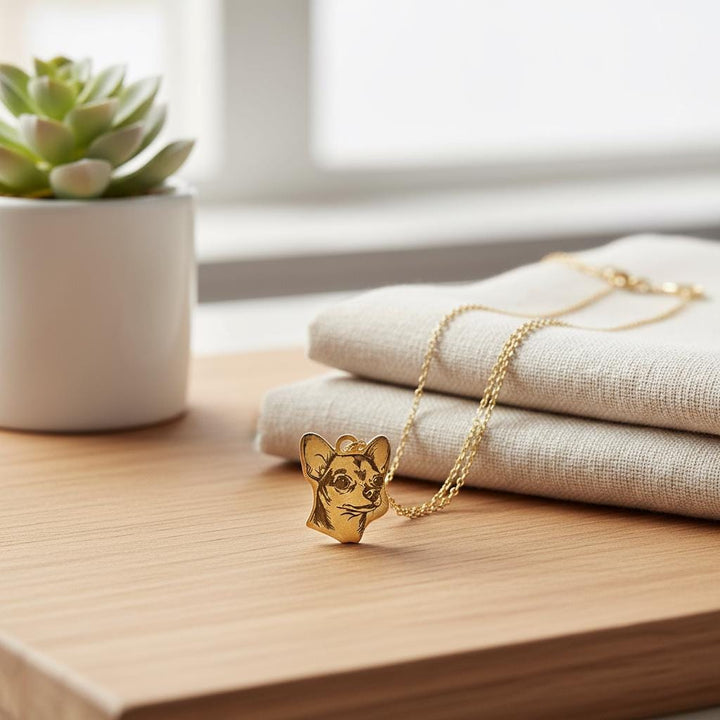 Small gold-tone brass Chihuahua head pendant on a fine chain, resting on folded linen.
