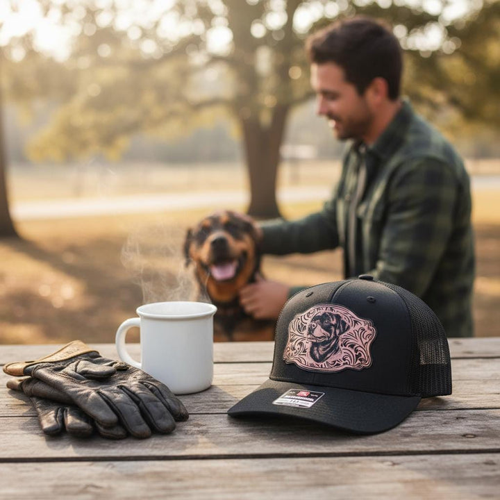 Rottweiler portrait cap on a farm table with work gloves, a mug and a dog behind.