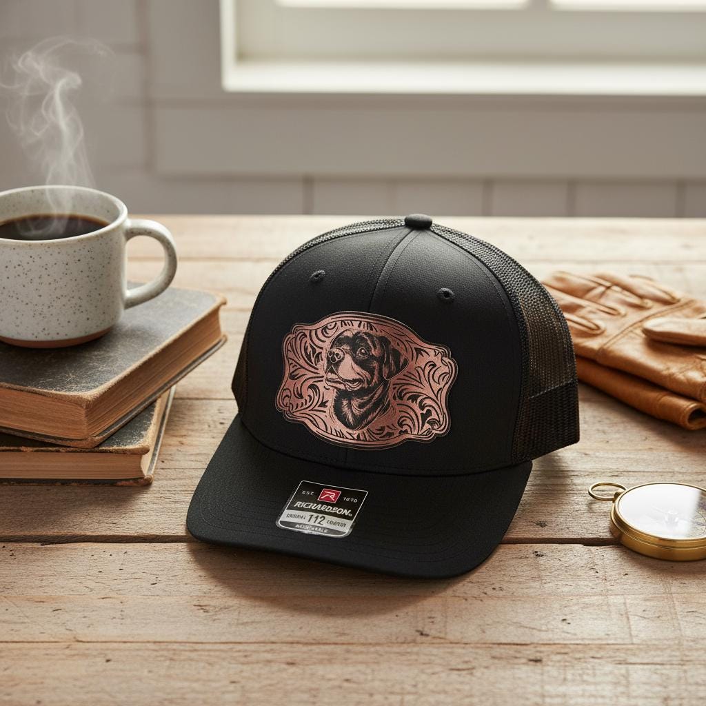 Black trucker cap with a rose-gold Rottweiler patch on a table with coffee and books.