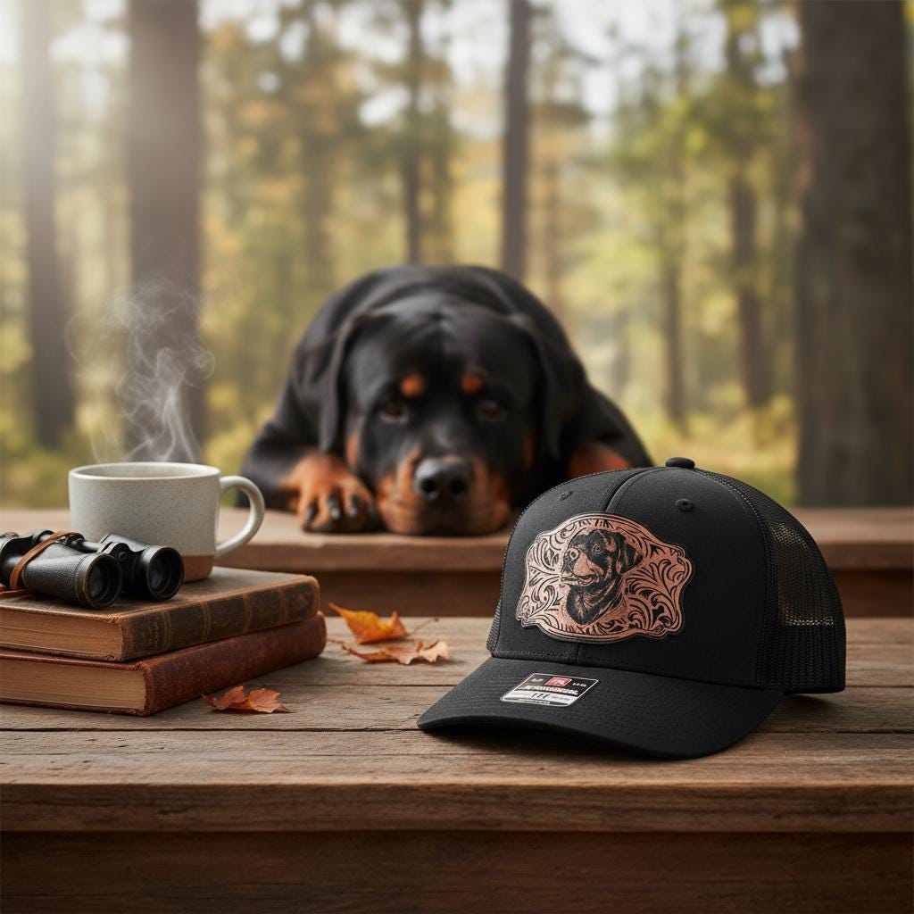 Black Rottweiler patch cap on an outdoor table with a Rottweiler resting behind it.