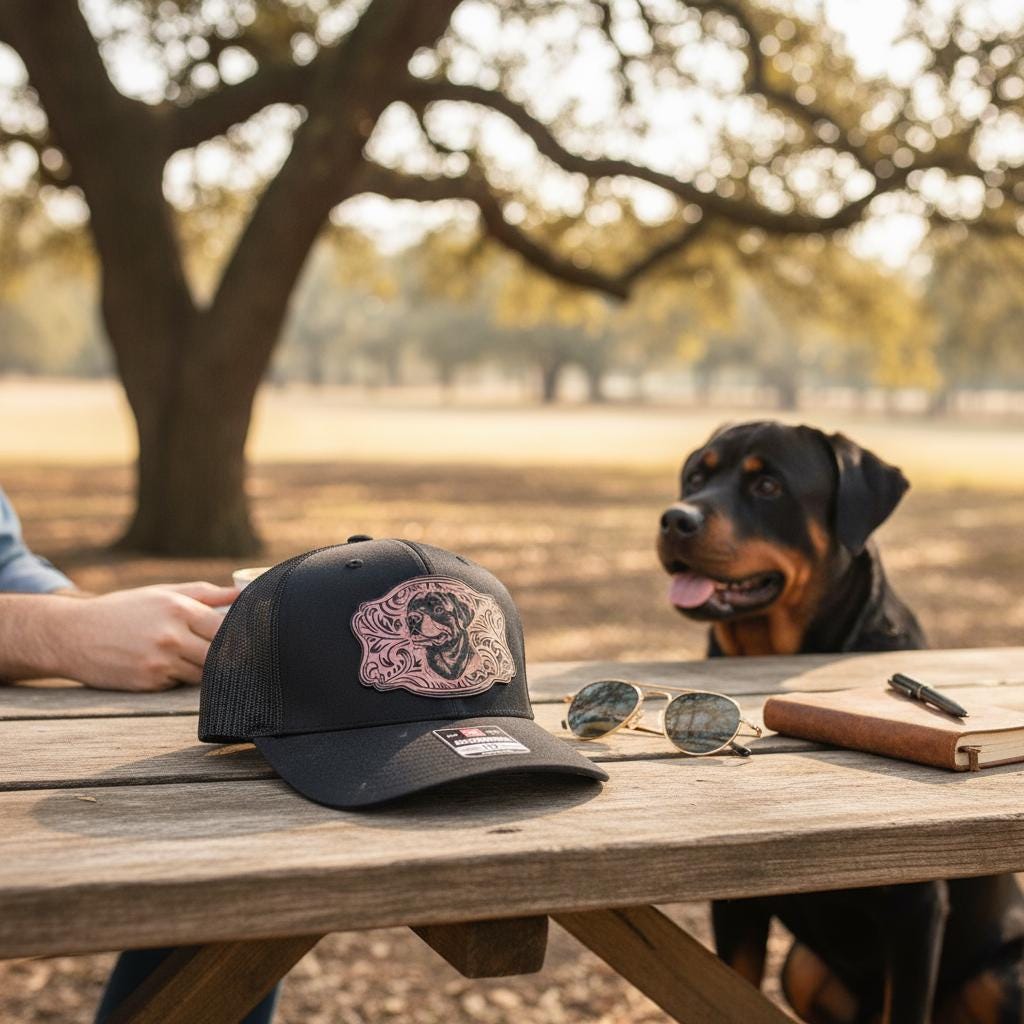Black mesh-back cap with the engraved Rottweiler patch on a picnic table outdoors.