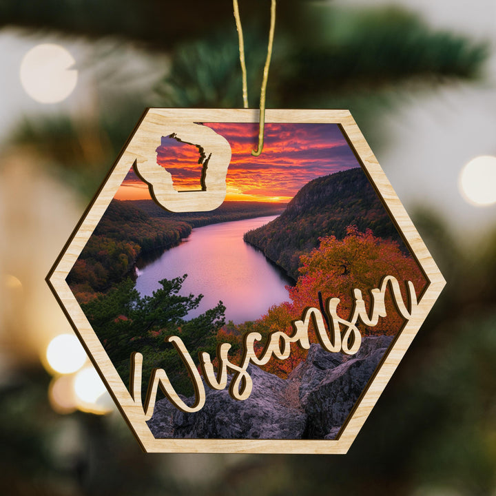 Wisconsin state wood ornament scene detail