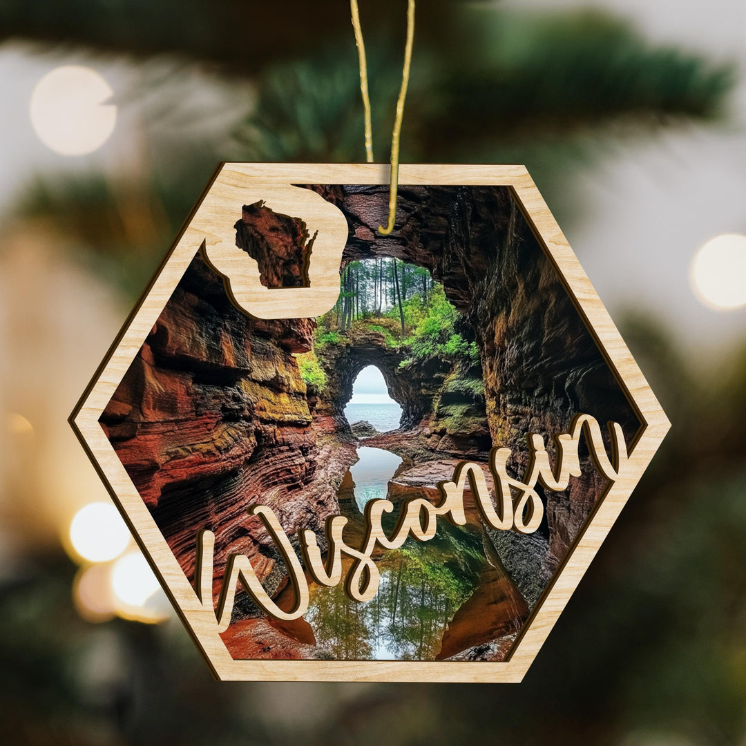 Wisconsin state wood ornament scene detail