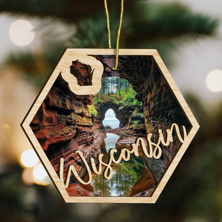 Wisconsin state wood ornament scene detail