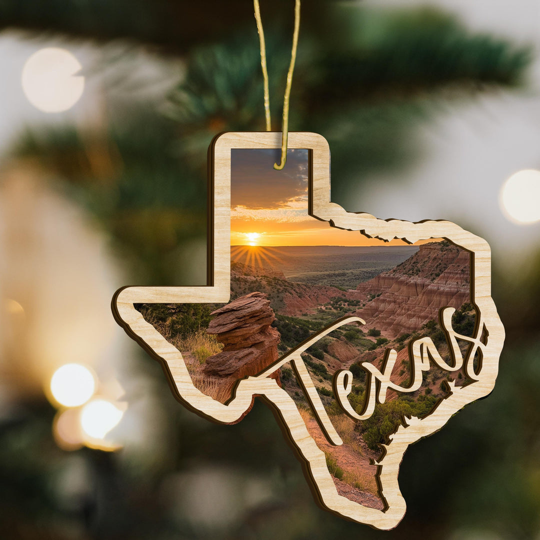Texas state wood ornament close up