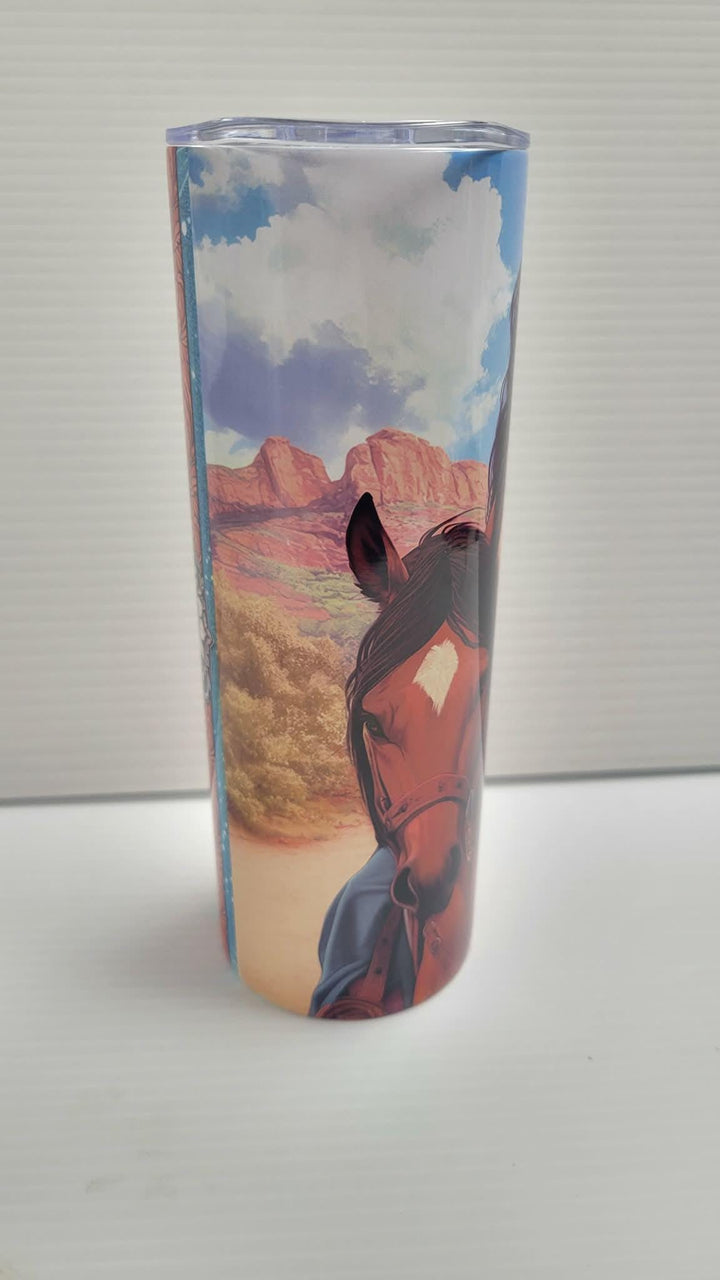 Cowgirl tumbler, detail of the sublimation finish