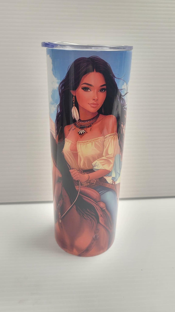 Cowgirl tumbler shown with the clear sliding lid in place