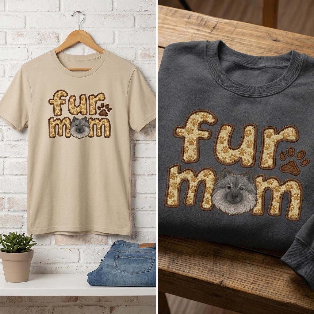 Sand tee on a hanger and a dark grey sweatshirt, both carrying the fur mom Keeshond design.