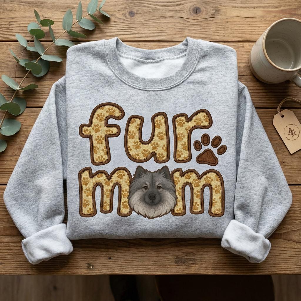 Grey sweatshirt flat on wood with the fur mom Keeshond print, eucalyptus and a mug alongside.