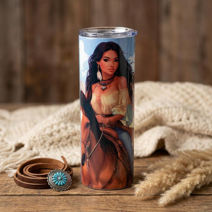 Cowgirl tumbler, further view of the wraparound western design