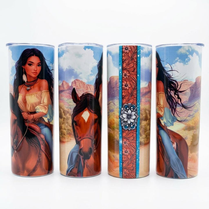Cowgirl tumbler, further view of the wraparound western design