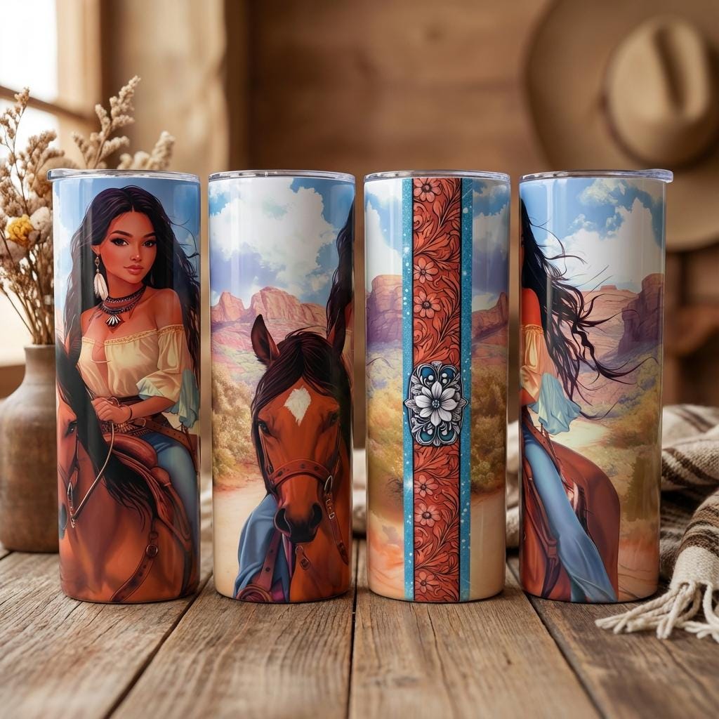 20oz stainless steel cowgirl tumbler with a wraparound western design and clear sliding lid