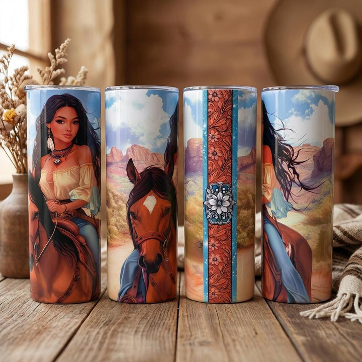 20oz stainless steel cowgirl tumbler with a wraparound western design and clear sliding lid