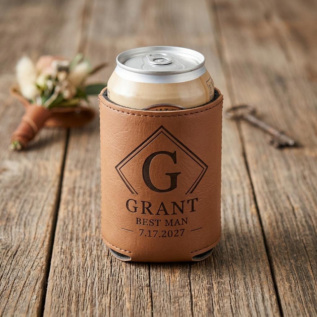 Single tan leatherette can cooler engraved G, GRANT, BEST MAN and the date, holding a can.