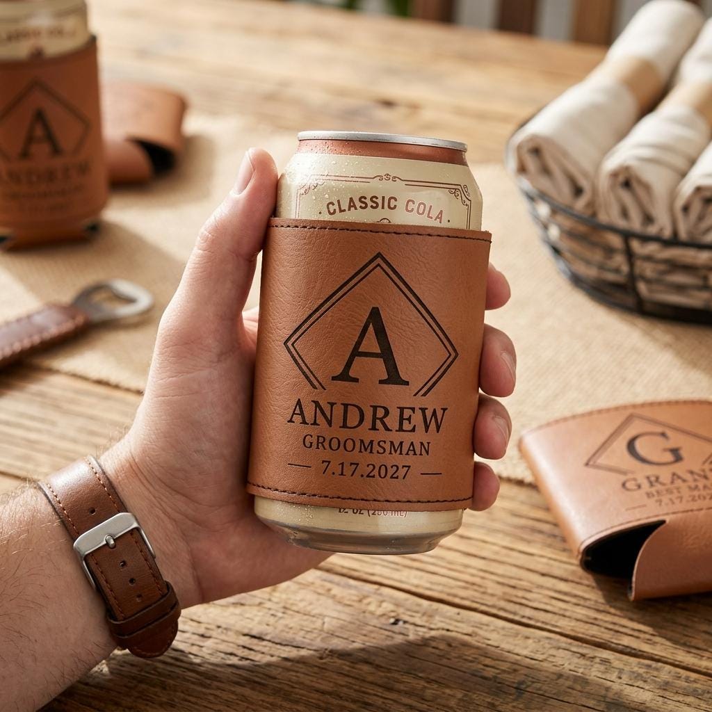 Hand holding a can in a leatherette cooler engraved A, ANDREW, GROOMSMAN and the date.