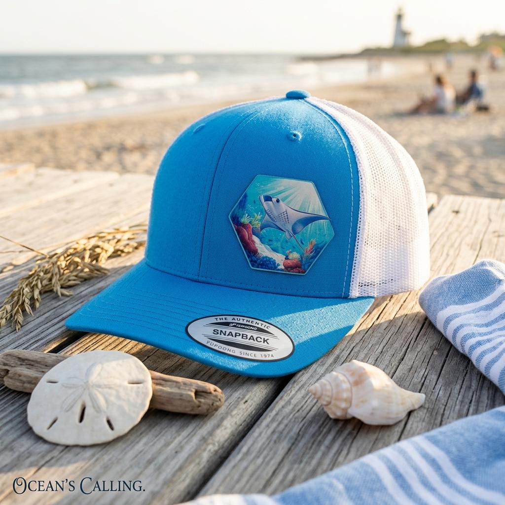Manta ray reef patch cap on driftwood boards with a sand dollar, shell and striped towel.