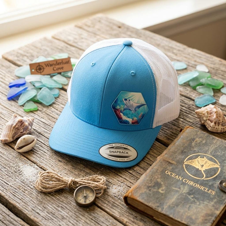 Blue manta ray snapback on weathered wood with sea glass, shells and a compass.