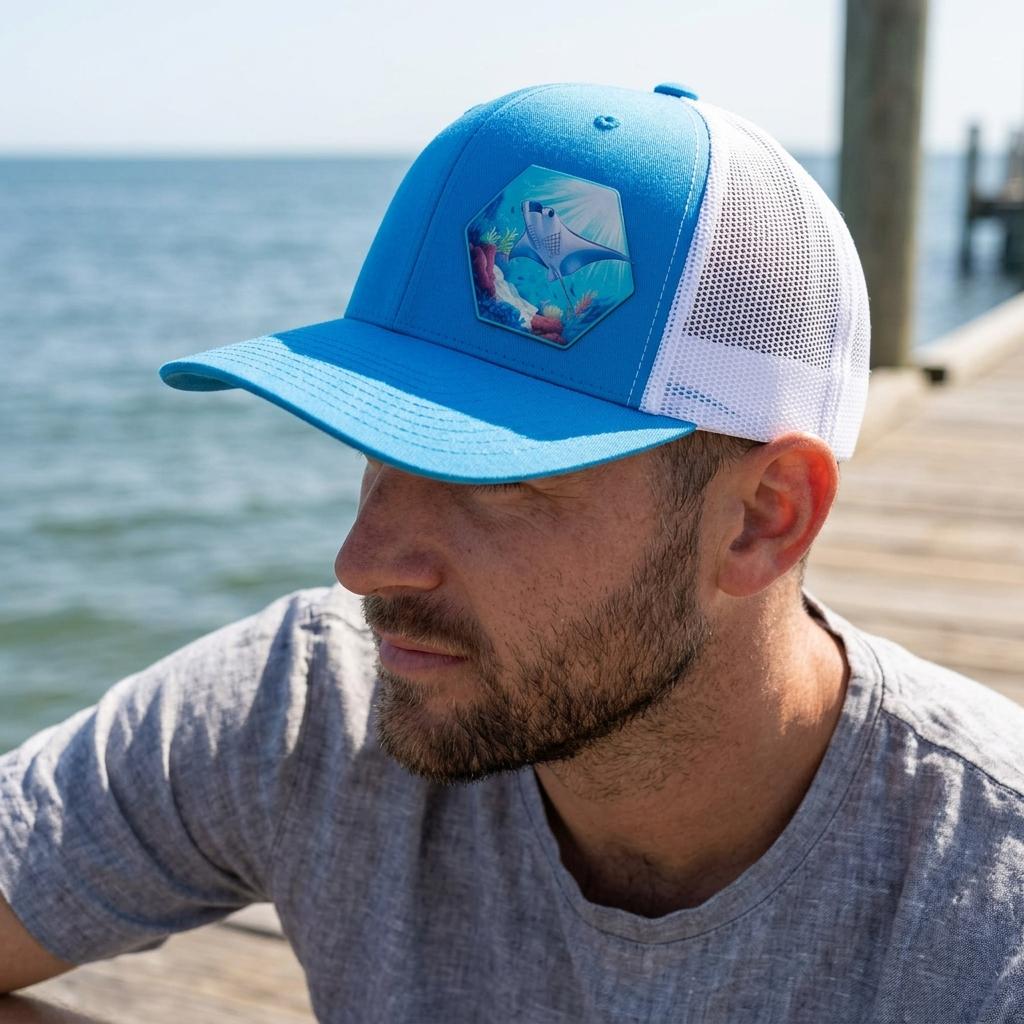 Man at the waterfront wearing the ocean-blue manta ray trucker hat, patch in view.