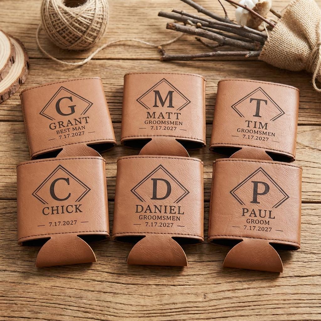Six engraved leatherette can coolers in a flat lay on wood with twine and dried stems.