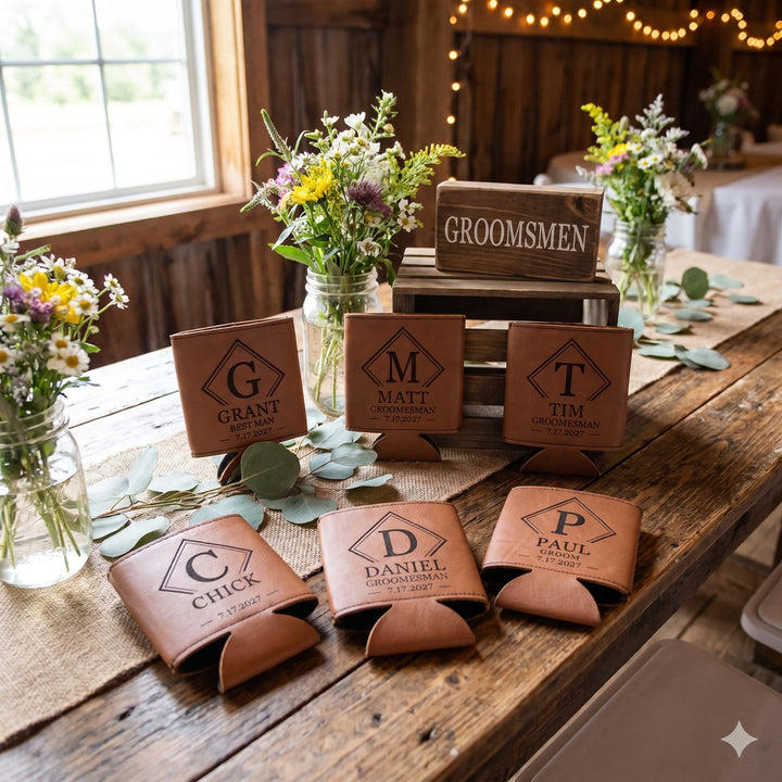 Engraved can coolers laid out on a barn table with wildflowers and a groomsmen sign.