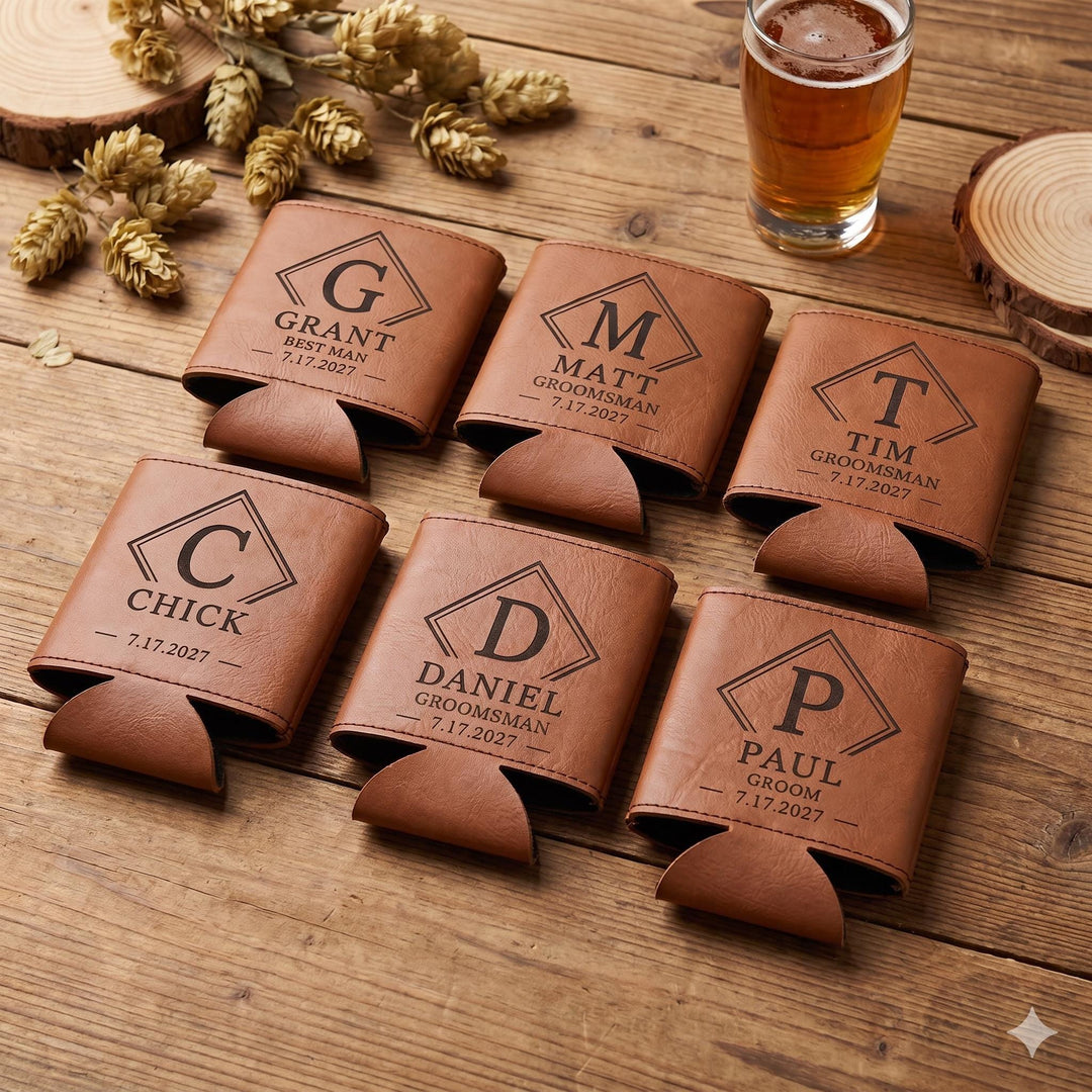Six rawhide leatherette can coolers engraved with initials, names, roles and a wedding date.