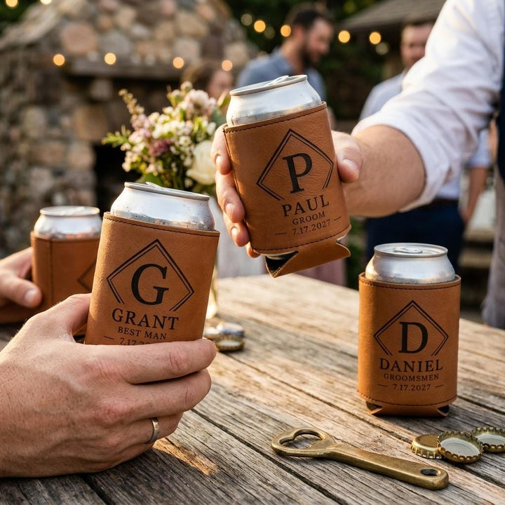 Four engraved can coolers raised in a toast at an outdoor reception, names and roles showing.