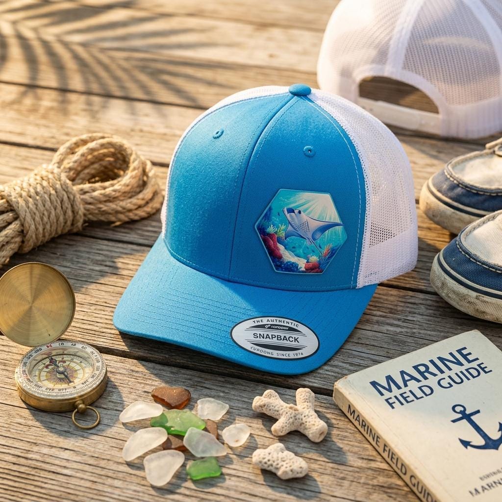 Ocean-blue trucker hat with white mesh back and a hexagon manta ray reef patch.