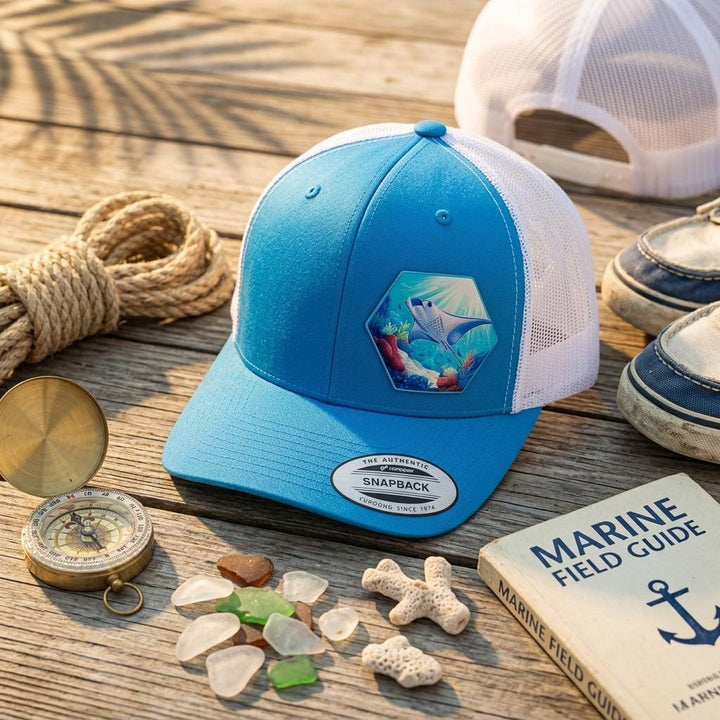 Ocean-blue trucker hat with white mesh back and a hexagon manta ray reef patch.