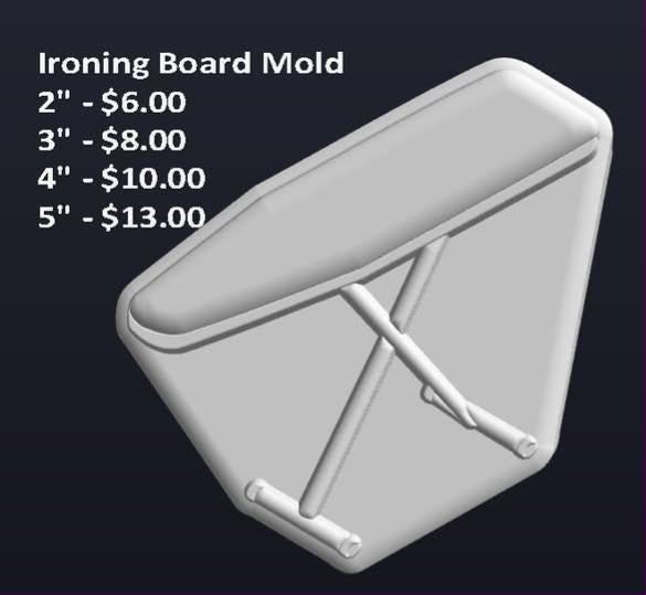 Ironing board mold with a padded rounded top and folding X-frame legs seen at an angle
