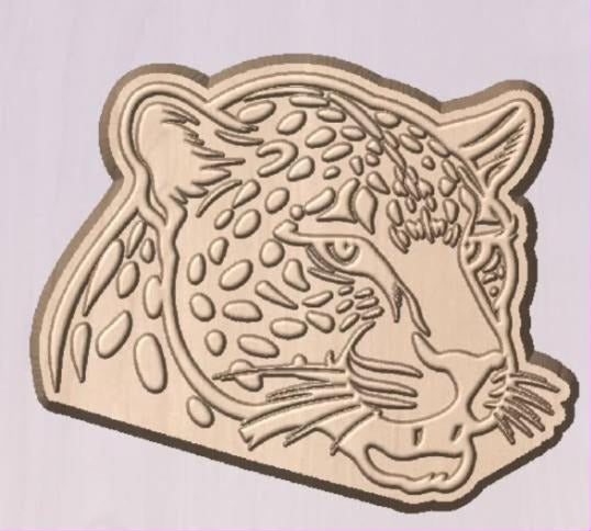 Jaguar head mold in three-quarter view, drawn in engraved outline with rosette spots and long whiskers.