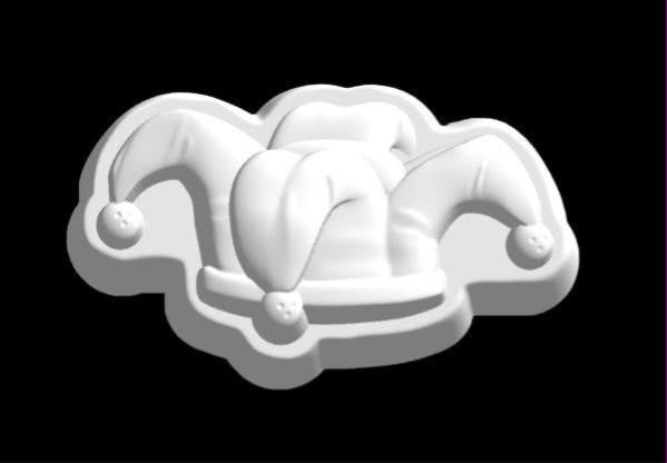 Three-pointed jester hat mold with floppy horns, a bell on each tip and gathered crown folds.