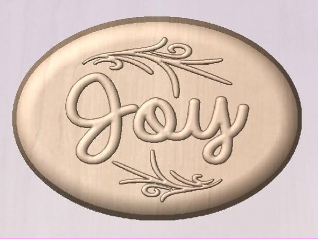 Oval plaque mold with Joy in flowing script between two small leafy sprig flourishes.