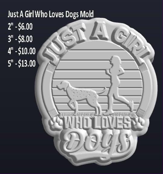 Retro sunset badge mold: JUST A GIRL above, a jogger and spotted dog in silhouette, WHO LOVES DOGS below.